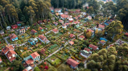 Obraz premium Aerial View of Colorful Houses and Lush Gardens in a Scenic Community