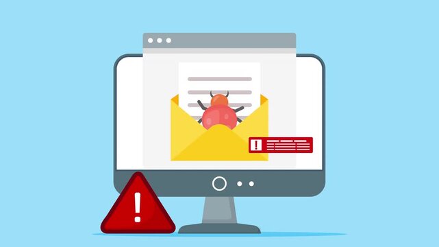 4K animation of computer screen showing a malware-infected email with alert symbols, representing virus threats, cyber attacks, phishing risks, and digital security warnings.	