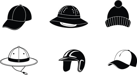 Black and white hat illustration set featuring baseball cap safari helmet winter beanie and fashion headwear vector icons