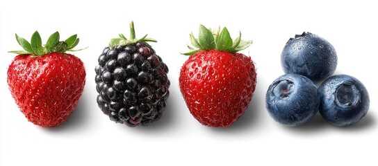 Close-up of fresh strawberries, blackberries, and blueberries on a white background, isolated