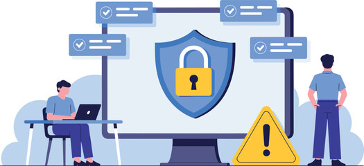 Cybersecurity data protection concept illustration showing secure network monitoring system, digital privacy, online safety warning, information security management