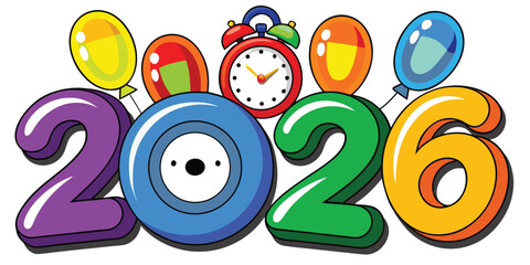 Fototapeta premium Colorful cartoon 2026 new year illustration with balloons and an alarm clock