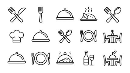 Collection of restaurant and dining icons simple line art symbols for food service and hospitality isolated on white background