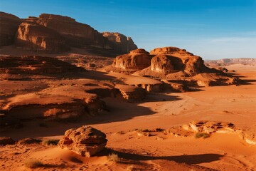 Desert landscape with red sandstone formations under clear blue sky