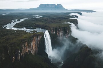 Aerial view of a massive waterfall cascading into a deep canyon surrounded by mist and lush greenery, with a winding river and distant plateau