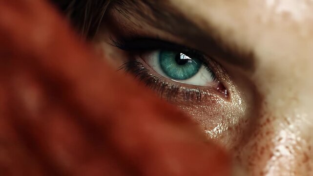 Close Up Of A Light Skinned Woman Eye With Freckles And A Red Filter