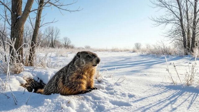 A charming ground-dwelling rodent emerges cautiously from its snow-covered burrow on a bright, crisp winter morning, surveying the frosty landscape. Its thick fur provides warmth against the cold, con