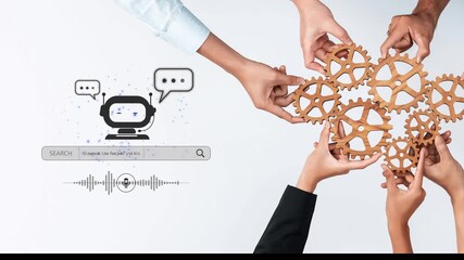 A group of diverse hands holding wooden gears illustrates the theme of teamwork and communication in digital settings, emphasizing innovative solutions in modern workplaces. Raster