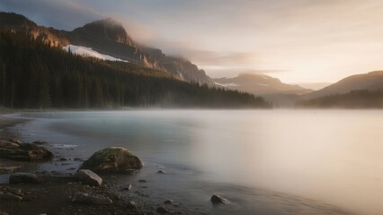 Misty mountain lake at sunrise with forested slopes and calm water reflecting soft light
