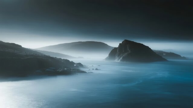 Misty coastal landscape with rocky outcrops and calm sea under a dark, overcast sky - Powered by Adobe