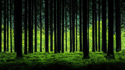 Fototapeta premium Lush Green Forest with Tall Trees and Vibrant Underbrush in a Serene Environment