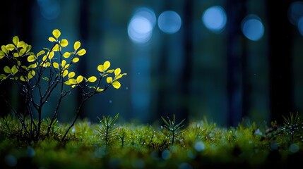 Fototapeta premium Fresh Green Leaves in a Serene Forest Setting with Blurry Background Bokeh Effect