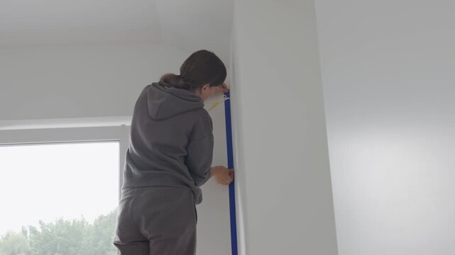 Woman applying blue masking tape along vertical wall corner indoors. Concept of interior renovation, wall painting preparation, home repair and DIY finishing work.