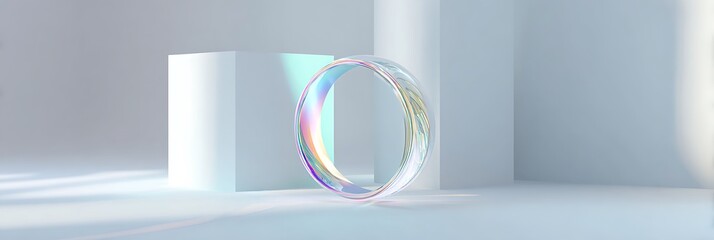 Futuristic iridescent ring floating in minimal white cube environment with shadows