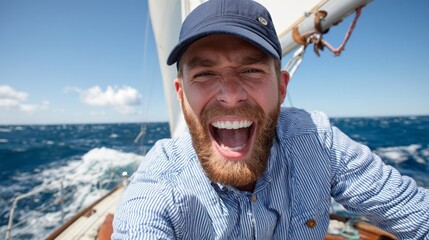 Man sailing boat ocean joy adventure freedom passion hobby sport lifestyle recreation travel vacation outdoor nature excitement happiness fun exploration leisure