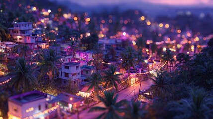 Vibrant Night Cityscape with Colorful Lights and Palm Trees