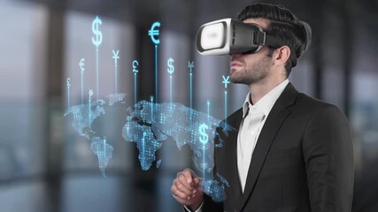 A businessman immersed in virtual reality, exploring global financial markets represented by currency symbols, showcasing innovation and technology in finance. Raster - Powered by Adobe