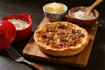 A freshly baked savory pie with meat and vegetables, served on a wooden board alongside butter, flour, and cheese.