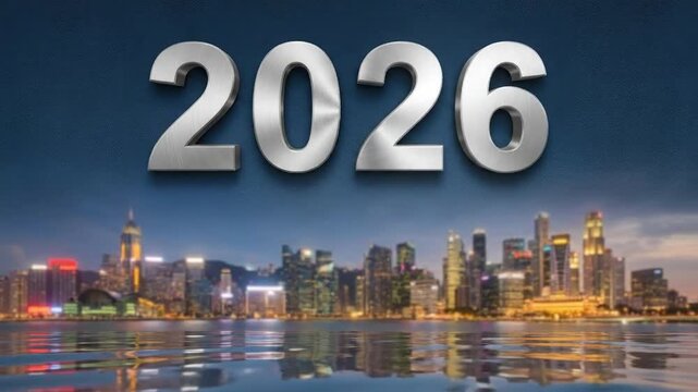 A compelling visual representation of the year 2026, rendered in striking metallic silver 3D numbers, dynamically placed against a dark, textured background. Below, a blurred, vibrant cityscape at twi