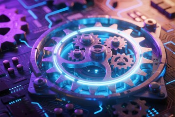 Glowing mechanical gears integrated into a futuristic circuit board with neon blue and purple lighting