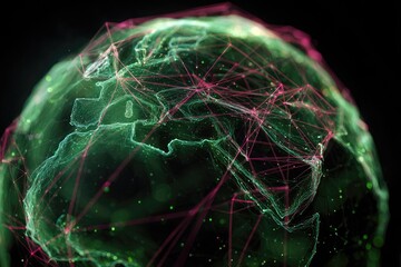 Networked globe, glowing green and pink lines