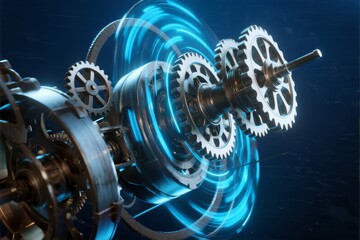 Interlocking mechanical gears with glowing blue energy in motion against a dark background