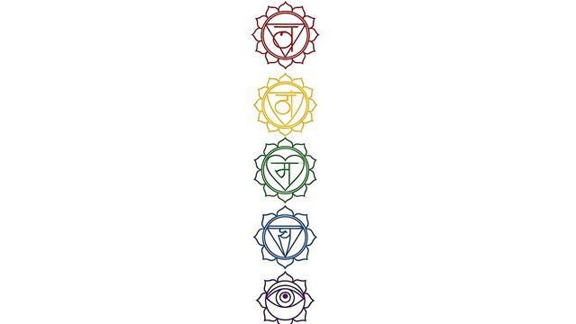 Colorful Chakra Symbols Vertical Array on White Background for Meditation and Spirituality