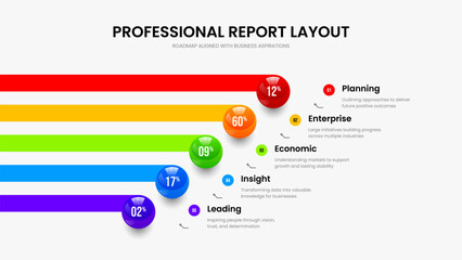 Minimalist Strategy Five Step Diagram Slideshow Template. Clean Performance 5 Option Chart Slide Design. Minimal Visualization Presentation Layout Vector Illustration.