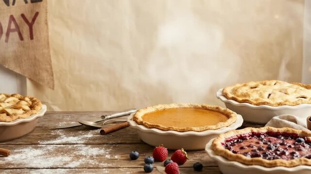 A delightful array of freshly baked pies graces a rustic wooden table, artfully dusted with flour and adorned with fresh berries and cinnamon sticks. Steam gently rises from a golden pumpkin pie, conv
