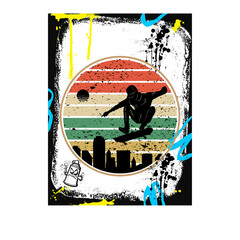 Dynamic illustration of a skateboarder in mid-air against a stylized cityscape and graffiti elements