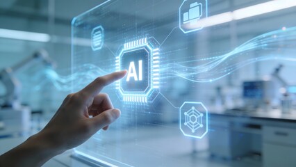 Hand interacting with AI holographic display