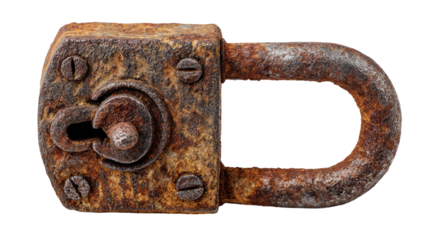 Old corroded metal padlock with heavy rust texture and worn surface details showing aged security hardware isolated on white background