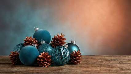 Festive christmas decoration with elegant teal ornaments and pine cones on rustic wood surface for holiday season, a timeless scene of winter joy and tradition, ai