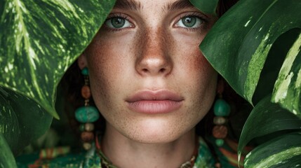 Woman peeking through large green leaf.