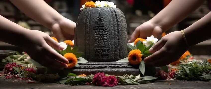 Worship of Shiva lingam  Hindu temple's Mahashivratri Puja  India's traditional culture of Shivling Hinduism