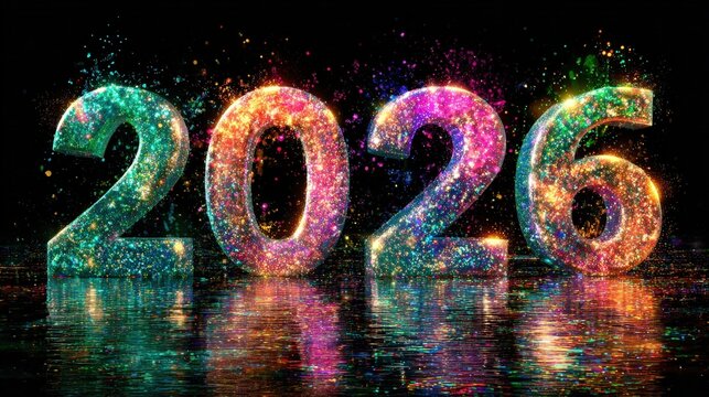 Sparkling multicolored numerals representing the year twenty twenty six shine brightly against a dark background