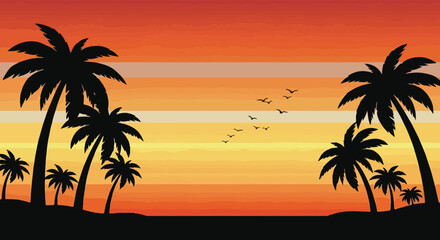 Tropical beach sunset with warm sky and palm silhouettes