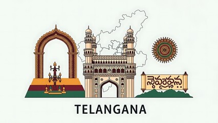 Naklejka premium Colorful Telangana Landmark Illustration Featuring Iconic Architecture and Cultural Symbols