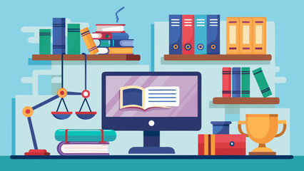 A computer desk with a monitor, books, and a trophy. The trophy is placed on the right side of the desk