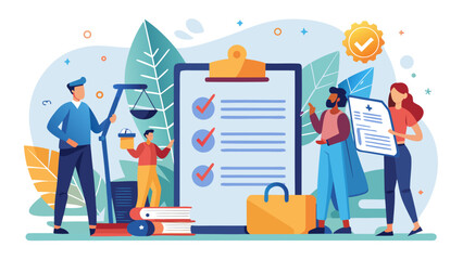 A group of people are standing around a clipboard with a check mark on it. Concept of teamwork and collaboration