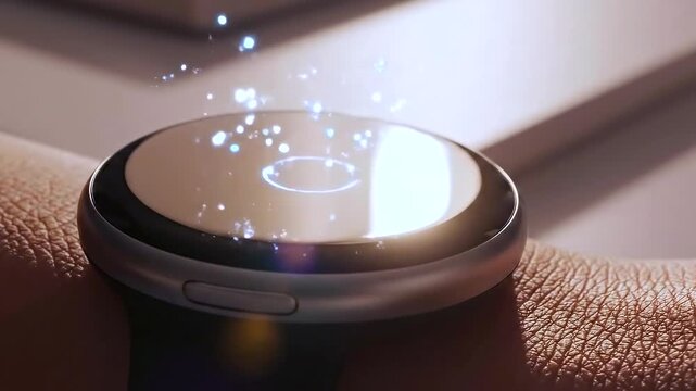 Smartwatch activation on caucasian wrist with holographic rings and glowing UI, product designer testing biometric unlock, closeup studio lighting, reflective glass surface and subtle sparkles