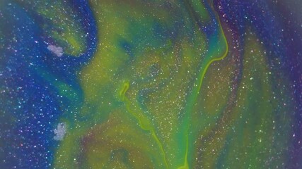 Shimmer flow. Sparkling particles. Defocused green yellow blue colorful paint bright splash on abstract creative acrylic background. - Powered by Adobe