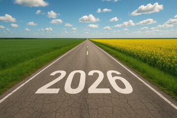 Journey to the year 2026 on an open road through fields, new year arrival