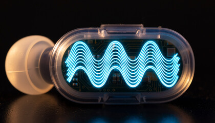 Futuristic ear device with glowing blue waveform, symbolizing advanced audio signal processing and digital sound