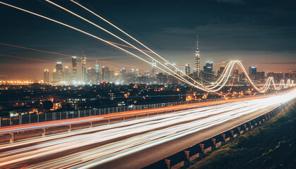 Dynamic urban nightscape featuring captivating light trails from fast-moving vehicles on a modern city highway