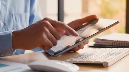 Person analyzing financial data visuals, Individual interacts with digital finance display at desk, Analyst uses tablet to evaluate economic trends while working at professional desk area - Powered by Adobe