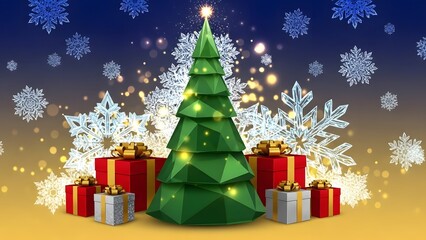 Obraz premium Elegant Christmas Tree, Festive Presents, and Glittering Snowflakes on a Joyful Winter Holiday Background Design