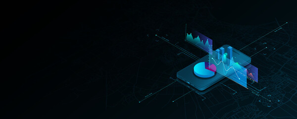 Mobile phone technology background image, stock market financial data analysis graph concept
