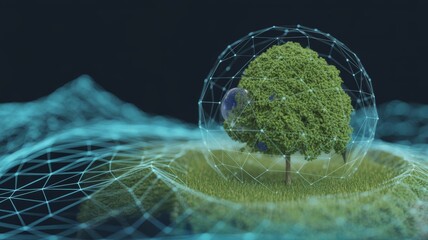 Enveloped by an intricate, interconnected, glowing cyan network of lines and nodes, forming a digital, protective geodesic dome.