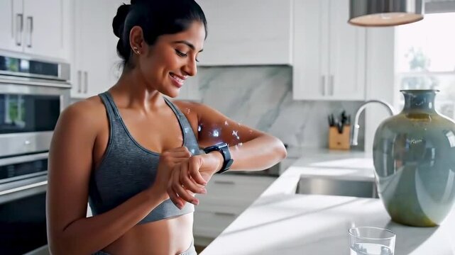 woman kitchen checking wearable hydration reminder active woman in sports top taps wrist device, holographic water droplets animation prompts drink, pours glass on marble countertop, bright sunlit